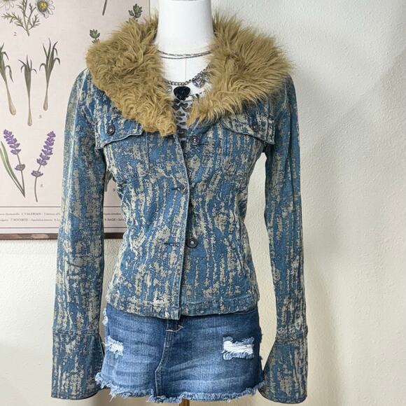 Vintage 90s Y2k Denim Velvet Faux Fur Collar Jacket Trashy McBling Gyaru XS S - Picture 1 of 8